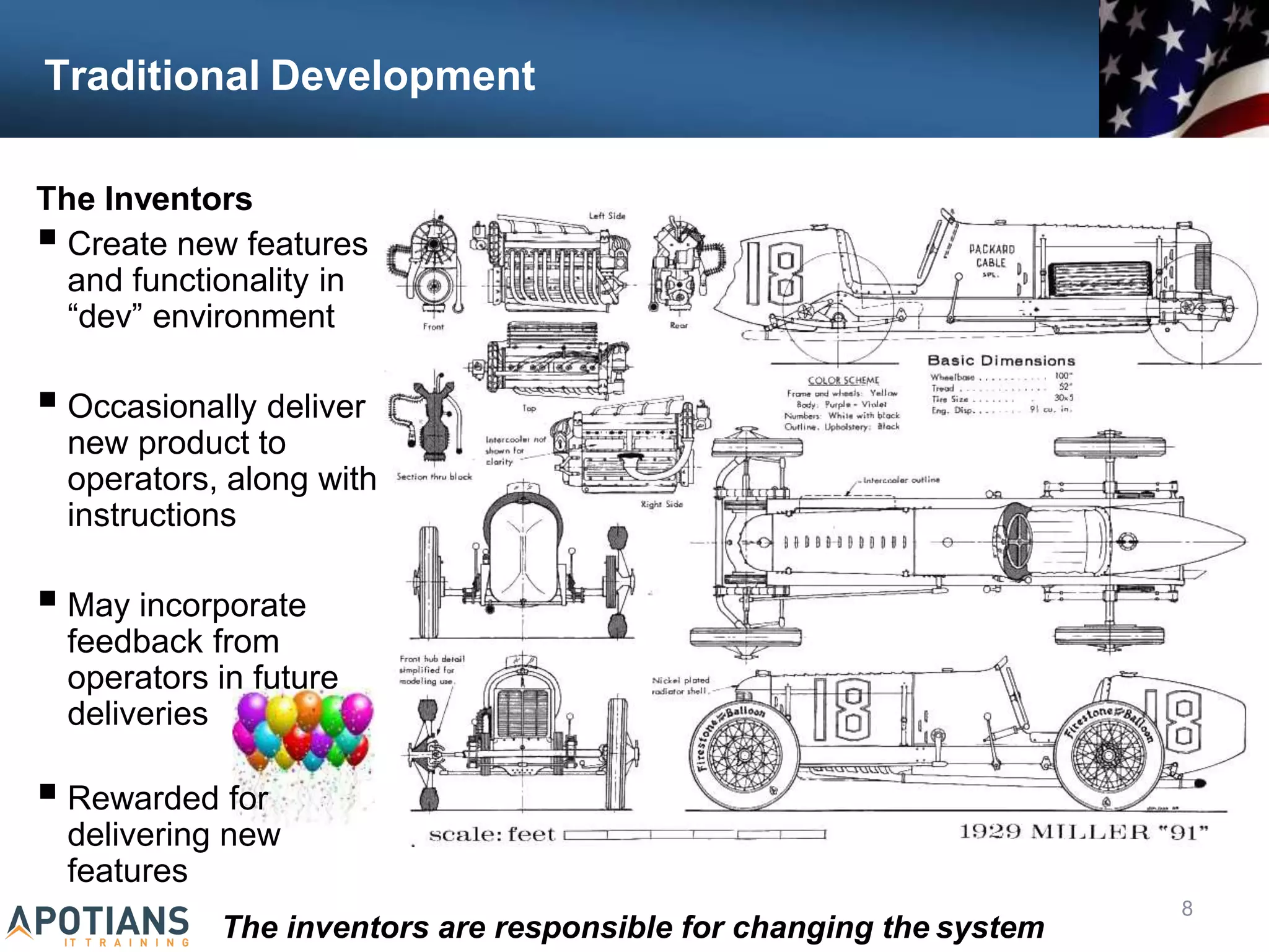 Traditional Development
The Inventors
 Create new features
and functionality in
“dev” environment
 Occasionally deliver
new product to
operators, along with
instructions
 May incorporate
feedback from
operators in future
deliveries
 Rewarded for
delivering new
features
The inventors are responsible for changing the system
8
 