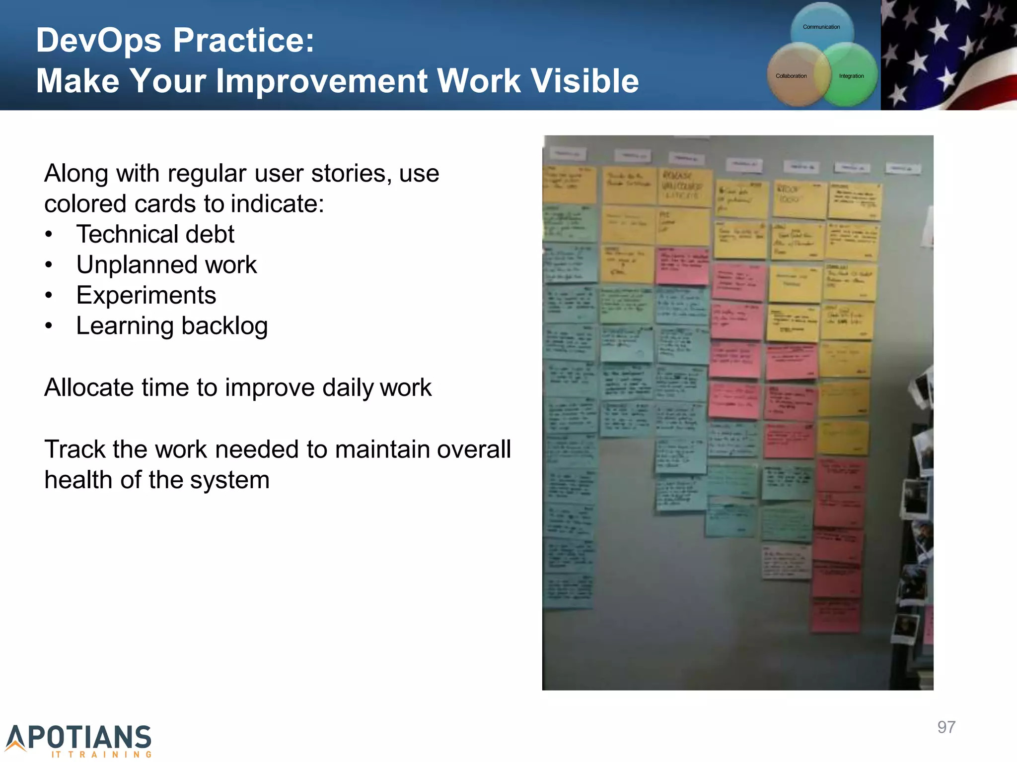DevOps Practice:
Make Your Improvement Work Visible
97
Along with regular user stories, use
colored cards to indicate:
• Technical debt
• Unplanned work
• Experiments
• Learning backlog
Allocate time to improve daily work
Track the work needed to maintain overall
health of the system
Communication
Integration
Collaboration
 
