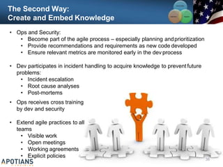 The Second Way:
Create and Embed Knowledge
• Ops and Security:
• Become part of the agile process – especially planning andprioritization
• Provide recommendations and requirements as new code developed
• Ensure relevant metrics are monitored early in the dev process
• Dev participates in incident handling to acquire knowledge to preventfuture
problems:
• Incident escalation
• Root cause analyses
• Post-mortems
• Ops receives cross training
by dev and security
• Extend agile practices to all
teams
• Visible work
• Open meetings
• Working agreements
• Explicit policies
Communication
Integration
Collaboration
36
 