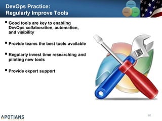 DevOps Practice:
Regularly Improve Tools
 Good tools are key to enabling
DevOps collaboration, automation,
and visibility
 Provide teams the best tools available
 Regularly invest time researching and
piloting new tools
 Provide expert support
Communication
Integration
Collaboration
80
 