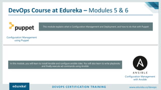 DEVOPS CERTIFICATION TRAINING www.edureka.co/devops
DevOps Course at Edureka – Modules 5 & 6
Configuration Management
using Puppet
Configuration Management
with Ansible
This module explains what is Configuration Management and Deployment, and how to do that with Puppet
In this module, you will learn to install Ansible and configure ansible roles. You will also learn to write playbooks
and finally execute ad-commands using Ansible
 