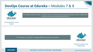 DEVOPS CERTIFICATION TRAINING www.edureka.co/devops
DevOps Course at Edureka – Modules 7 & 8
Containerization using
Docker
This module introduces Docker to readers, the core concepts and technology behind Docker. Learn in detail about
container and various operations performed on it.
In this module, you will learn to integrate different containers using docker.
Docker Ecosystem and
Networking
 
