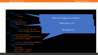 +44 1274 300 175 blackmarble.com
A Sample Workflow
on:
push:
branches:
- master
jobs:
build-and-deploy:
name: Build and Deploy
runs-on: ${{ matrix.os }}
strategy:
matrix:
node_version: ['8', '10', '12']
os: [ubuntu-latest, windows-latest, macOS-latest]
steps:
- uses: actions/checkout@v2
- name: Use Node.js ${{ env.NODE_VERSION }}
uses: actions/setup-node@v1
with:
node-version: ${{ env.NODE_VERSION }}
- name: npm install, build, and test
run: |
npm install
npm run build --if-present
npm run test --if-present
What event triggers the workflow?
Where does it run?
What gets run?
 