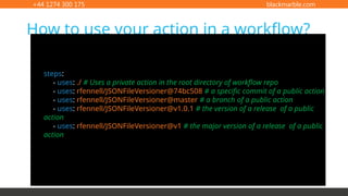 +44 1274 300 175 blackmarble.com
How to use your action in a workflow?
steps:
- uses: ./ # Uses a private action in the root directory of workflow repo
- uses: rfennell/JSONFileVersioner@74bc508 # a specific commit of a public action
- uses: rfennell/JSONFileVersioner@master # a branch of a public action
- uses: rfennell/JSONFileVersioner@v1.0.1 # the version of a release of a public
action
- uses: rfennell/JSONFileVersioner@v1 # the major version of a release of a public
action
 