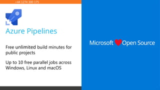 +44 1274 300 175 blackmarble.com
Azure Pipelines
Free unlimited build minutes for
public projects
Up to 10 free parallel jobs across
Windows, Linux and macOS
Microsoft Open Source
 