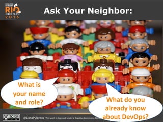 @DanaPylayeva This work is licensed under a Creative Commons Attribution-Share Alike 3.0 Unported License
What is
your name
and role? What do you
already know
about DevOps?
Ask Your Neighbor:
 