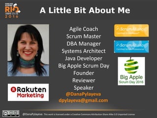 @DanaPylayeva This work is licensed under a Creative Commons Attribution-Share Alike 3.0 Unported License
@DanaPylayeva
dpylayeva@gmail.com
Agile Coach
Scrum Master
DBA Manager
Systems Architect
Java Developer
Big Apple Scrum Day
Founder
Reviewer
Speaker
A Little Bit About Me
 