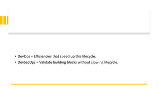 • DevOps = Efficiencies that speed up this lifecycle.
• DevSecOps = Validate building blocks without slowing lifecycle.
 