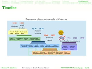 Problem HK-KS xc LDA Construction Challenges Final Remarks
Timeline
Mariana M. Odashima Introduction to density functional theory XXXVIII ENFMC Foz do Iguac¸u 65/76
ENFMC
 