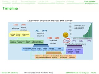 Problem HK-KS xc LDA Construction Challenges Final Remarks
Timeline
Mariana M. Odashima Introduction to density functional theory XXXVIII ENFMC Foz do Iguac¸u 65/76
ENFMC
 