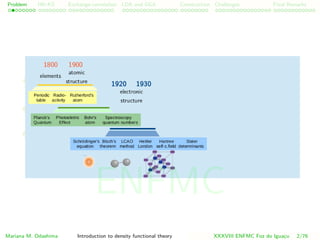 Problem HK-KS xc LDA Construction Challenges Final Remarks
Mariana M. Odashima Introduction to density functional theory XXXVIII ENFMC Foz do Iguac¸u 2/76
ENFMC
 