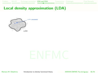 Problem HK-KS xc LDA Construction Challenges Final Remarks
Local density approximation (LDA)
Mariana M. Odashima Introduction to density functional theory XXXVIII ENFMC Foz do Iguac¸u 30/76
ENFMC
 