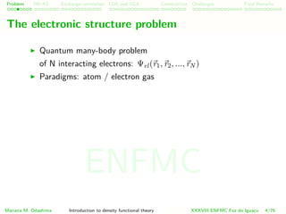 Problem HK-KS xc LDA Construction Challenges Final Remarks
The electronic structure problem
Quantum many-body problem
of N interacting electrons: Ψel(r1, r2, ..., rN )
Paradigms: atom / electron gas
Mariana M. Odashima Introduction to density functional theory XXXVIII ENFMC Foz do Iguac¸u 4/76
ENFMC
 