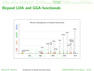 Problem HK-KS xc LDA Construction Challenges Final Remarks
Beyond LDA and GGA functionals
Mariana M. Odashima Introduction to density functional theory XXXVIII ENFMC Foz do Iguac¸u 46/76
ENFMC
 