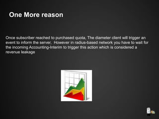 One More reason
Once subscriber reached to purchased quota, The diameter client will trigger an
event to inform the server, However in radius-based network you have to wait for
the incoming Accounting-Interim to trigger this action which is considered a
revenue leakage
 