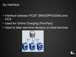 Interface between PCEF (BNG/DPI/GGSN) and
OCS
 Used for Online Charging (Pre-Paid)
 Used to take real-time decision on tired services
Gy Interface
 