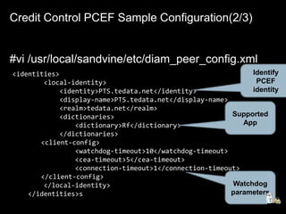 Credit Control PCEF Sample Configuration(2/3)
#vi /usr/local/sandvine/etc/diam_peer_config.xml
<identities>
<local-identity>
<identity>PTS.tedata.net</identity>
<display-name>PTS.tedata.net</display-name>
<realm>tedata.net</realm>
<dictionaries>
<dictionary>Rf</dictionary>
</dictionaries>
<client-config>
<watchdog-timeout>10</watchdog-timeout>
<cea-timeout>5</cea-timeout>
<connection-timeout>1</connection-timeout>
</client-config>
</local-identity>
</identities>s
Identify
PCEF
identity
Supported
App
Watchdog
parameters
 