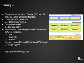 • Seagull is a free, Open Source (GPL) multi-
protocol traffic generator test tool.
• powerful traffic generator
• Used for stress testing
• Developed by HP
• Coded using C++
• Simulation tool developed by HP to simulate
different protocols
• SIP
• Diameter
• Radius
• Support Linux (Centos/Debian) and Windows
(Through cygwin
Seagull
http://gull.sourceforge.net/
 