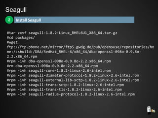 Install Seagull2
#tar zxvf seagull-1.8.2-Linux_RHEL6U1_X86_64.tar.gz
#cd packages/
#wget
ftp://ftp.pbone.net/mirror/ftp5.gwdg.de/pub/opensuse/repositories/ho
me:/csbuild:/DBA/RedHat_RHEL-6/x86_64/dba-openssl-098o-0.9.8o-
2.2.x86_64.rpm
#rpm -ivh dba-openssl-098o-0.9.8o-2.2.x86_64.rpm
#rm dba-openssl-098o-0.9.8o-2.2.x86_64.rpm
#rpm -ivh seagull-core-1.8.2-linux-2.6-intel.rpm
#rpm -ivh seagull-diameter-protocol-1.8.2-linux-2.6-intel.rpm
#rpm -ivh seagull-external-lib-sctp-1.8.2-linux-2.6-intel.rpm
#rpm -ivh seagull-trans-sctp-1.8.2-linux-2.6-intel.rpm
#rpm -ivh seagull-trans-tls-1.8.2-linux-2.6-intel.rpm
#rpm -ivh seagull-radius-protocol-1.8.2-linux-2.6-intel.rpm
Seagull
 