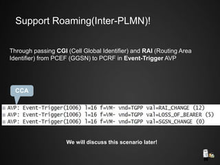 CCA
We will discuss this scenario later!
Through passing CGI (Cell Global Identifier) and RAI (Routing Area
Identifier) from PCEF (GGSN) to PCRF in Event-Trigger AVP
Support Roaming(Inter-PLMN)!
 