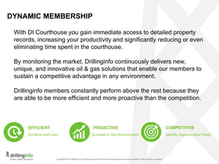 CONTINUOUS IMPROVEMENT MODEL
With DI Courthouse you gain immediate access to detailed property
records, increasing your productivity and significantly reducing or even
eliminating time spent in the courthouse.
Drillinginfo consistently invests a substantial amount of our revenue in
research and development. Our reinvestment allows us to develop
and deliver continuous improvements to customers every day.
Legacy competitors do not evolve and adapt to market needs in this
way.
Do More with Less
EFFICIENT PROACTIVE
Identify Opportunities Faster
COMPETITIVE
Succeed in Any Environment
 