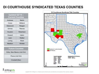 DI COURTHOUSE SYNDICATED TEXAS COUNTIES
18
Updated Q2' 16 -
Current Counties
Andrews Midland
Crane Pecos
Crockett Reagan
Glasscock Reeves
Grimes Robertson
Houston Upton
Howard Walker
Leon Ward
Loving Winkler
Madison Eddy, NM
Martin
 