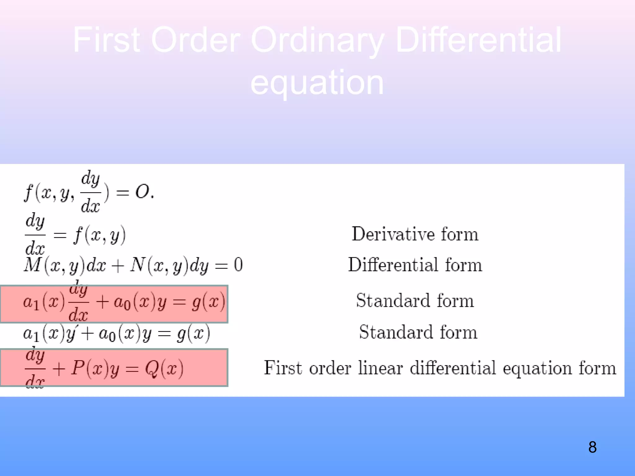First Order Ordinary Differential
equation
8
 