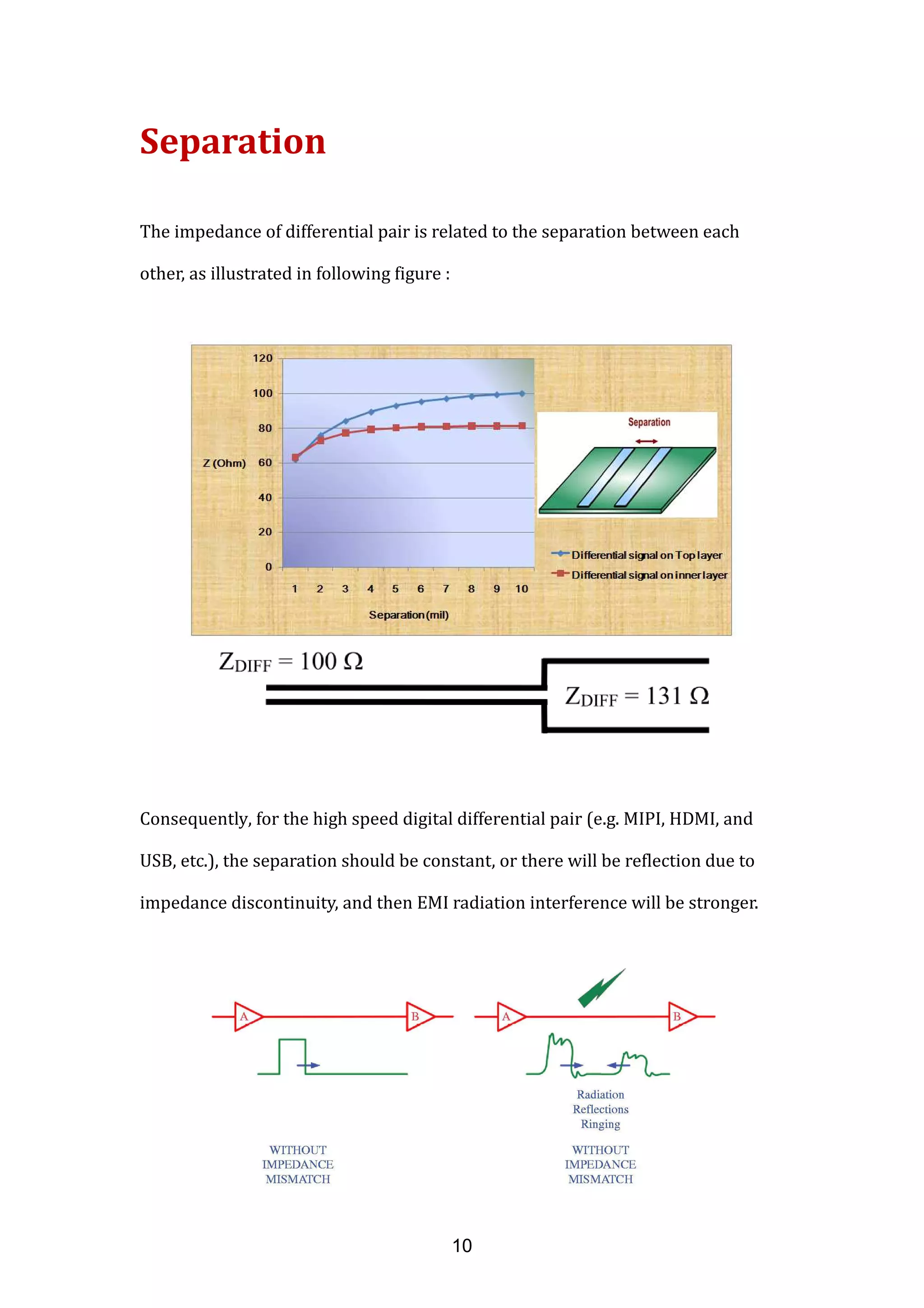 Separation
The impedance of differential pair is related to the separation between each
other, as illustrated in following figure :
Consequently, for the high speed digital differential pair (e.g. MIPI, HDMI, and
USB, etc.), the separation should be constant, or there will be reflection due to
impedance discontinuity, and then EMI radiation interference will be stronger.
10
 