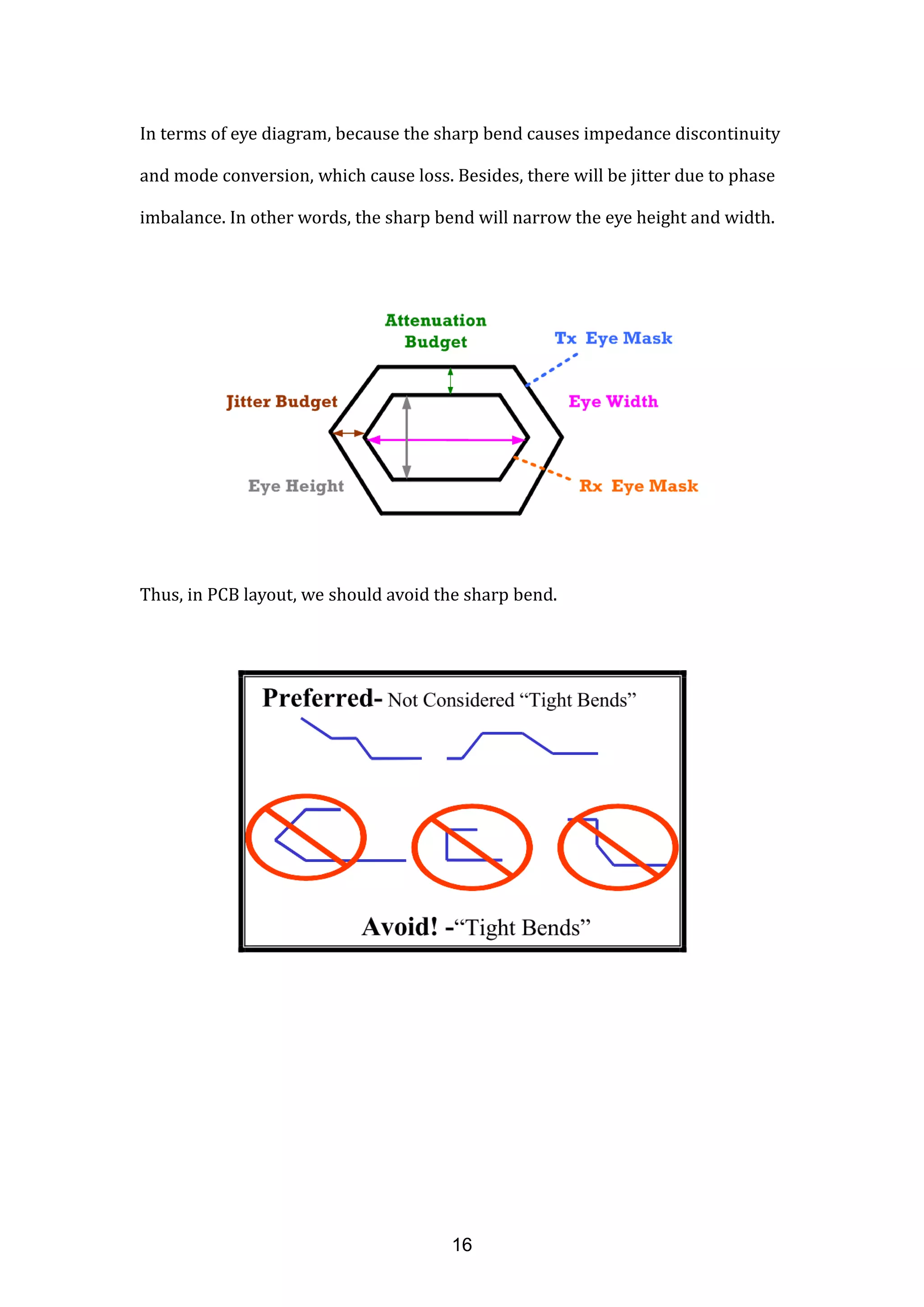 In terms of eye diagram, because the sharp bend causes impedance discontinuity
and mode conversion, which cause loss. Besides, there will be jitter due to phase
imbalance. In other words, the sharp bend will narrow the eye height and width.
Thus, in PCB layout, we should avoid the sharp bend.
16
 