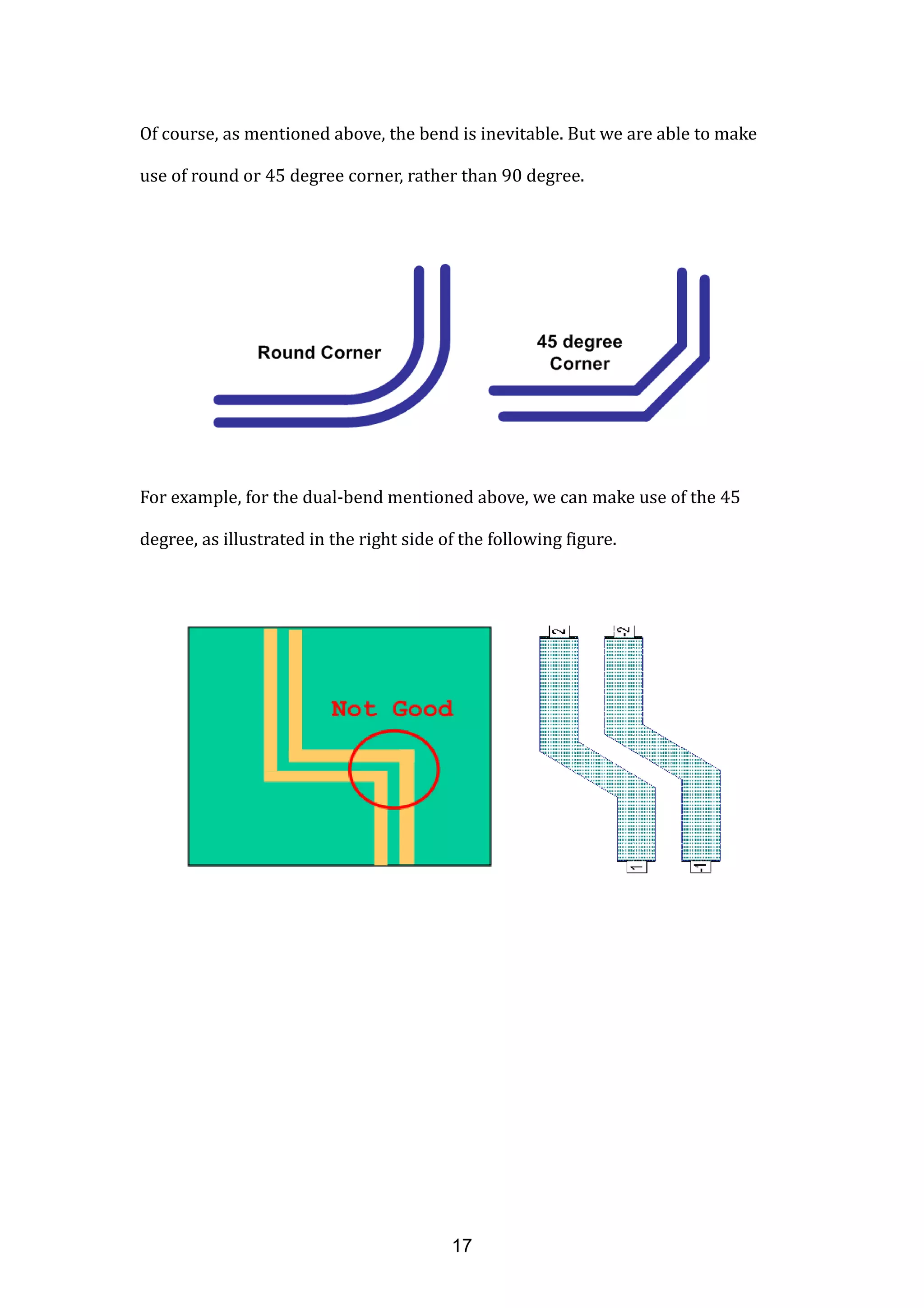 Of course, as mentioned above, the bend is inevitable. But we are able to make
use of round or 45 degree corner, rather than 90 degree.
For example, for the dual-bend mentioned above, we can make use of the 45
degree, as illustrated in the right side of the following figure.
17
 
