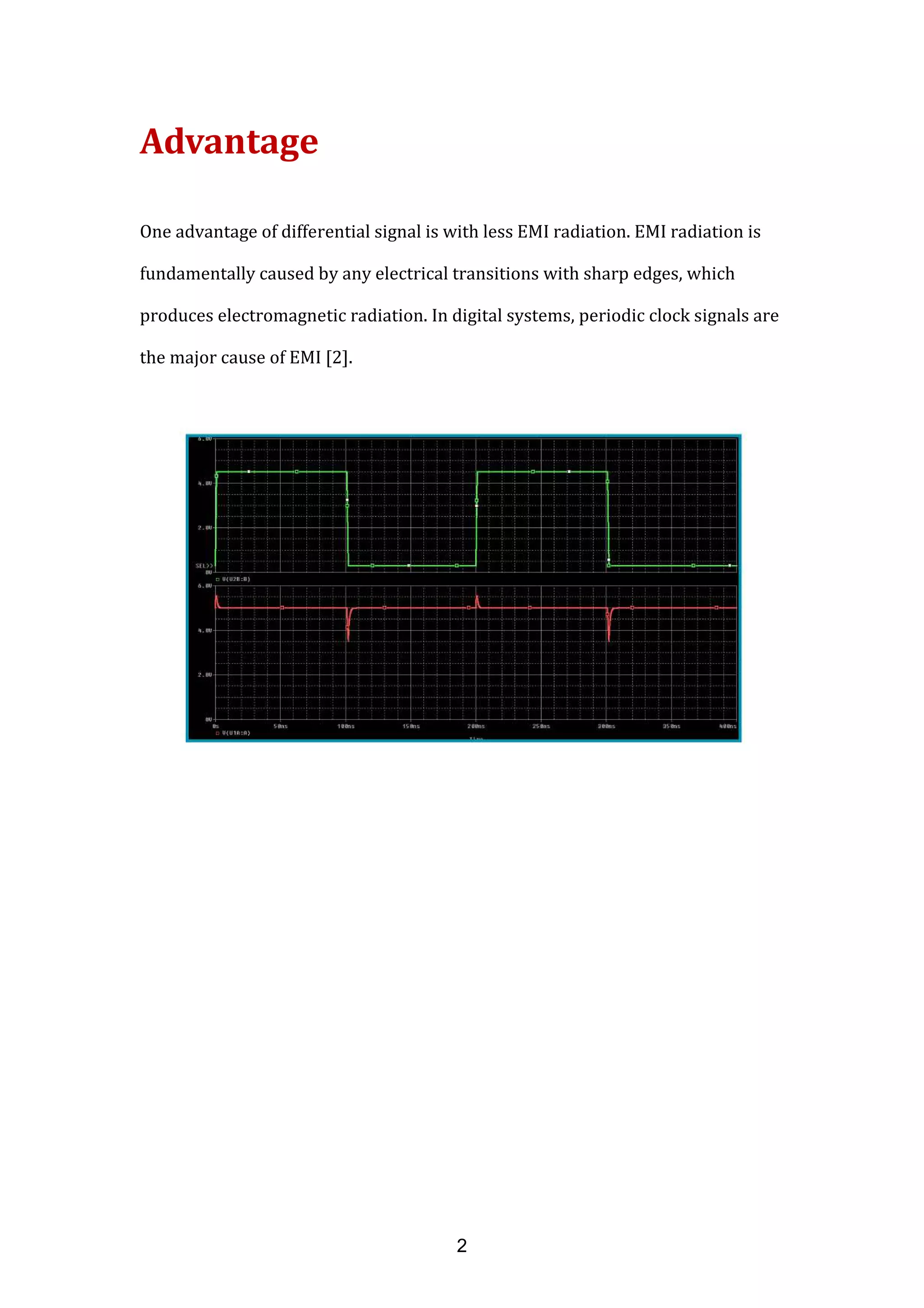 Advantage
One advantage of differential signal is with less EMI radiation. EMI radiation is
fundamentally caused by any electrical transitions with sharp edges, which
produces electromagnetic radiation. In digital systems, periodic clock signals are
the major cause of EMI [2].
2
 