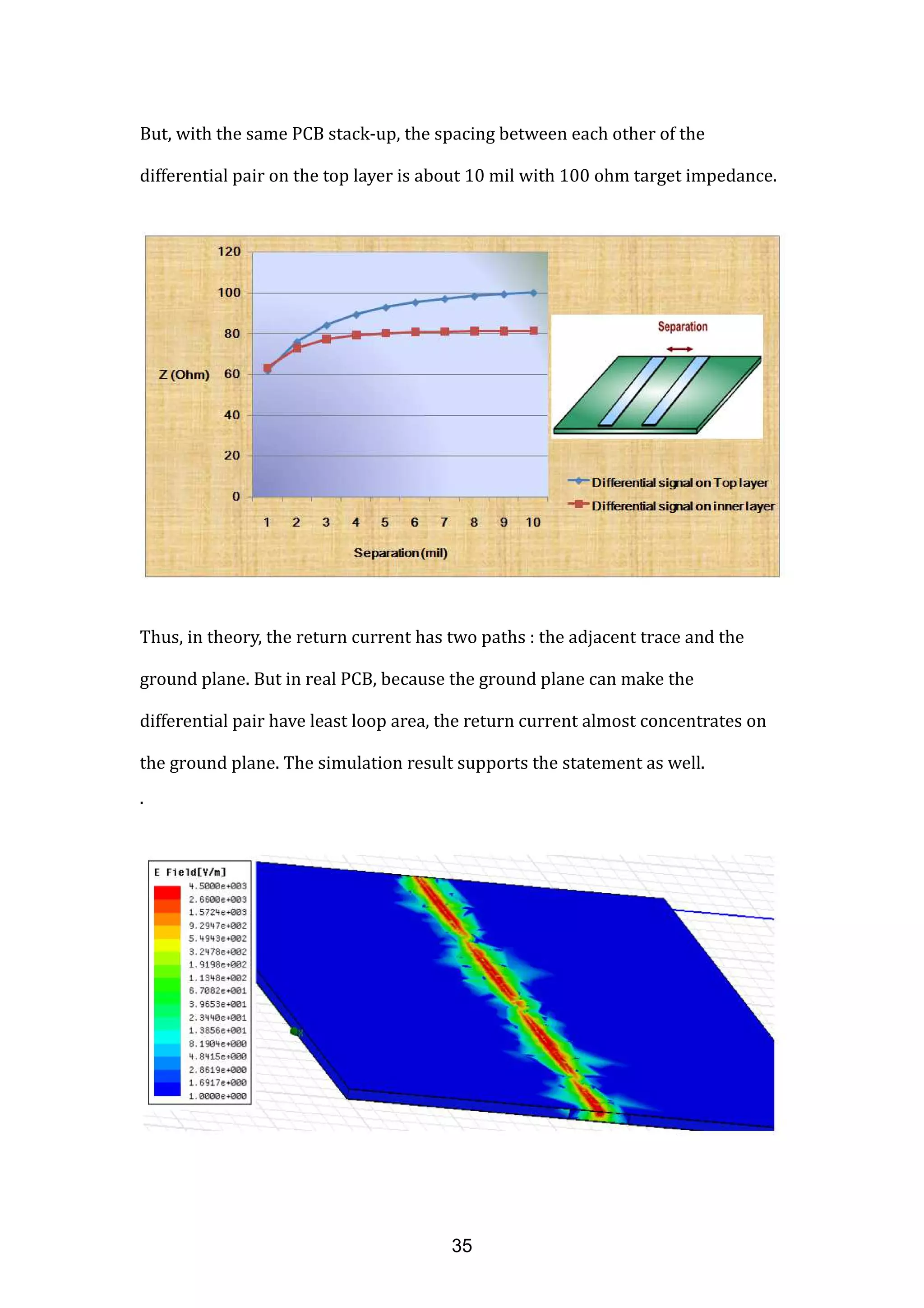 But, with the same PCB stack-up, the spacing between each other of the
differential pair on the top layer is about 10 mil with 100 ohm target impedance.
Thus, in theory, the return current has two paths : the adjacent trace and the
ground plane. But in real PCB, because the ground plane can make the
differential pair have least loop area, the return current almost concentrates on
the ground plane. The simulation result supports the statement as well.
.
35
 