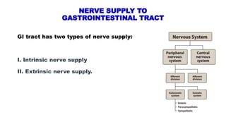 NERVE SUPPLY TO
GASTROINTESTINAL TRACT
GI tract has two types of nerve supply:
I. Intrinsic nerve supply
II. Extrinsic nerve supply.
 