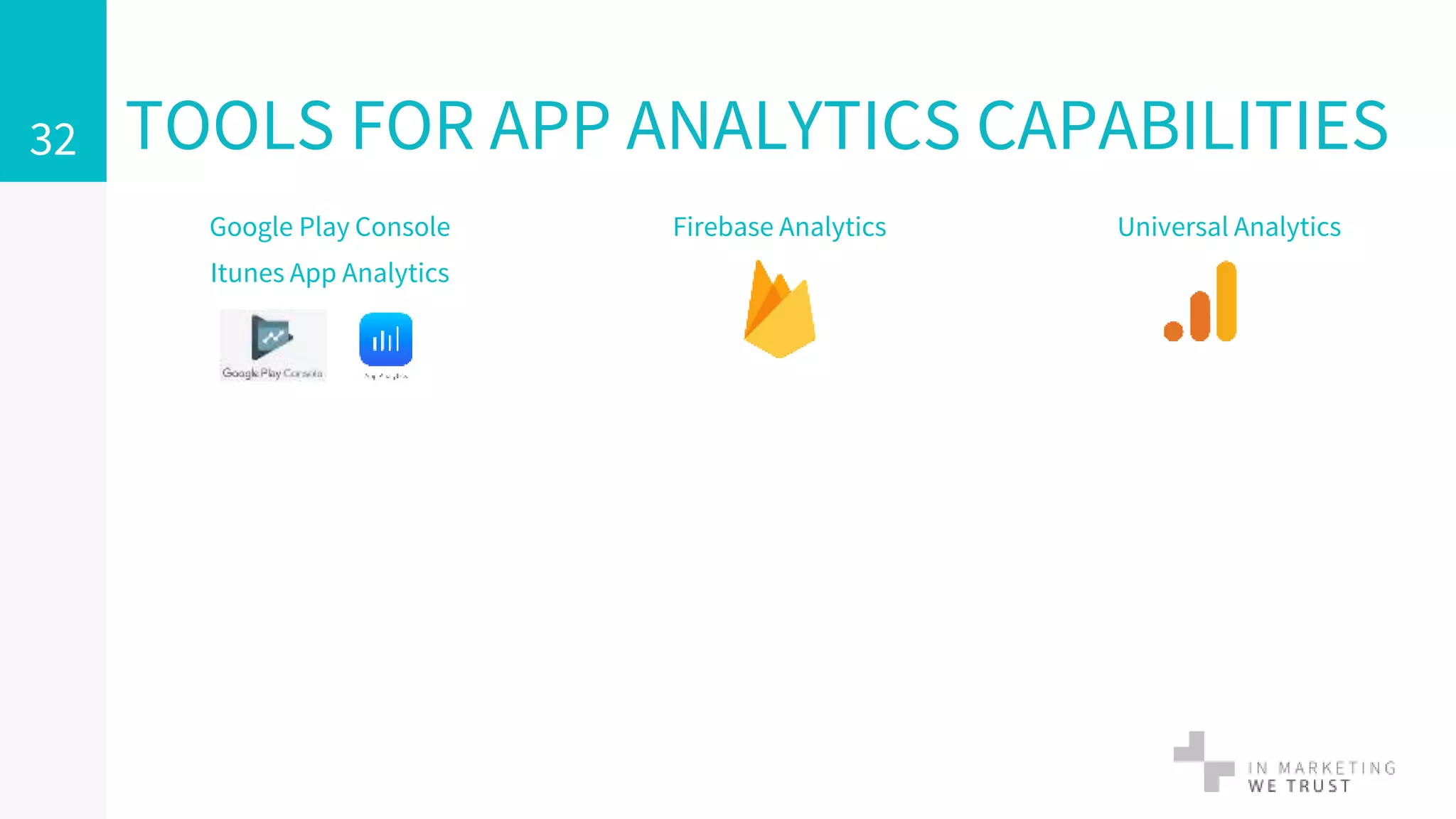 Google Play Console
Itunes App Analytics
TOOLS FOR APP ANALYTICS CAPABILITIES32
Firebase Analytics Universal Analytics
 