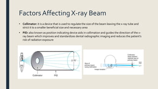 Factors Affecting X-ray Beam
• Collimator: it is a device that is used to regulate the size of the beam leaving the x-ray tube and
strict it to a smaller beneficial size and necessary area
• PID: also known as position indicating device aids in collimation and guides the direction of the x-
ray beam which improves and standardizes dental radiographic imaging and reduces the patient's
risk of radiation exposure
 