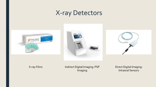 X-ray Detectors
X-ray Films Direct Digital Imaging:
Intraoral Sensors
Indirect Digital Imaging: PSP
Imaging
 