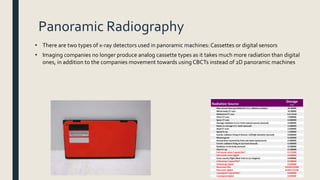 Panoramic Radiography
• There are two types of x-ray detectors used in panoramic machines: Cassettes or digital sensors
• Imaging companies no longer produce analog cassette types as it takes much more radiation than digital
ones, in addition to the companies movement towards using CBCTs instead of 2D panoramic machines
 