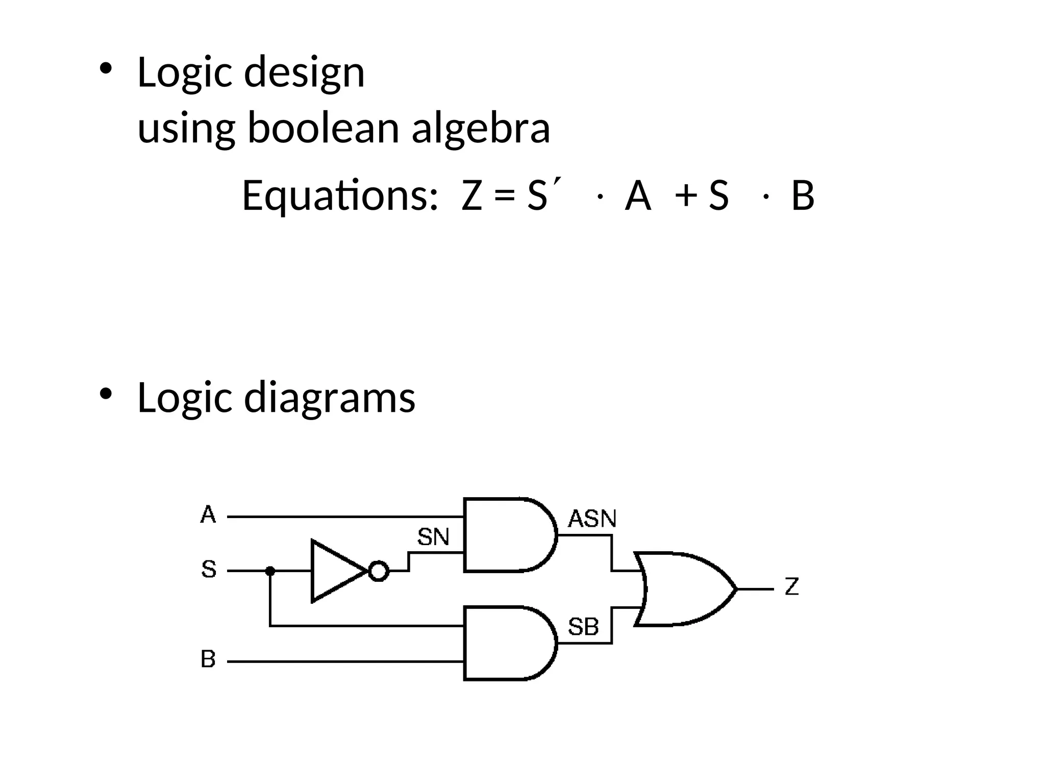 • Logic design
using boolean algebra
Equations: Z = S A+ S B
• Logic diagrams
 