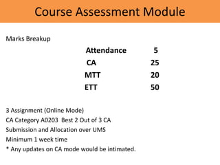 Course Assessment Module
Marks Breakup
Attendance 5
CA 25
MTT 20
ETT 50
3 Assignment (Online Mode)
CA Category A0203 Best 2 Out of 3 CA
Submission and Allocation over UMS
Minimum 1 week time
* Any updates on CA mode would be intimated.
 