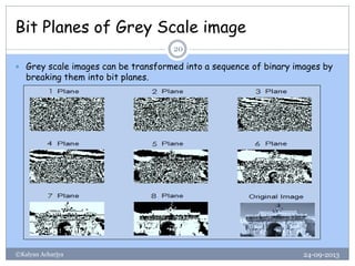 Bit Planes of Grey Scale image
24-09-2013©Kalyan Acharjya
20
 Grey scale images can be transformed into a sequence of binary images by
breaking them into bit planes.
 
