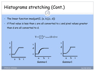 Histograms stretching (Cont.)
24-09-2013©Kalyan Acharjya
28
 The linear function imadjust(I, [a, b],[c, d])
 if Pixel value is less than c are all converted to c and pixel values greater
than d are all converted to d.
a b 1
c
d
1
Gamma<1 Gamma>1
Y= (
𝑥−𝑎
𝑏−𝑎
)^Gamma (d-c)+c
 