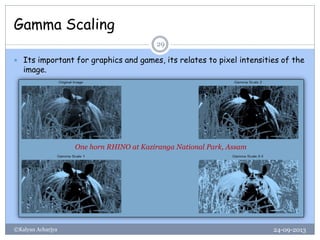 Gamma Scaling
24-09-2013©Kalyan Acharjya
29
 Its important for graphics and games, its relates to pixel intensities of the
image.
One horn RHINO at Kaziranga National Park, Assam
 
