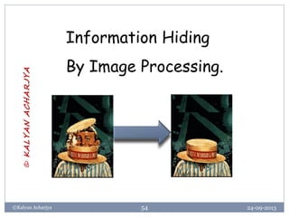 24-09-2013©Kalyan Acharjya 54
Information Hiding
By Image Processing.
©KALYANACHARJYA
 