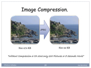 JPEG
24-09-2013©Kalyan Acharjya 56
Image Compression.
Size-270 KB Size-22 KB
“Without Compression a CD store only 200 Pictures or 8 Seconds Movie”
 