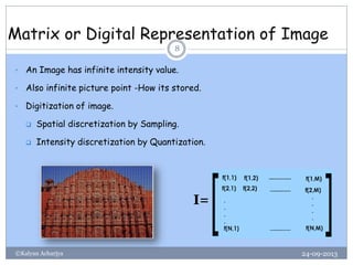 Matrix or Digital Representation of Image
24-09-2013©Kalyan Acharjya
8
• An Image has infinite intensity value.
• Also infinite picture point -How its stored.
• Digitization of image.
 Spatial discretization by Sampling.
 Intensity discretization by Quantization.
I=
 