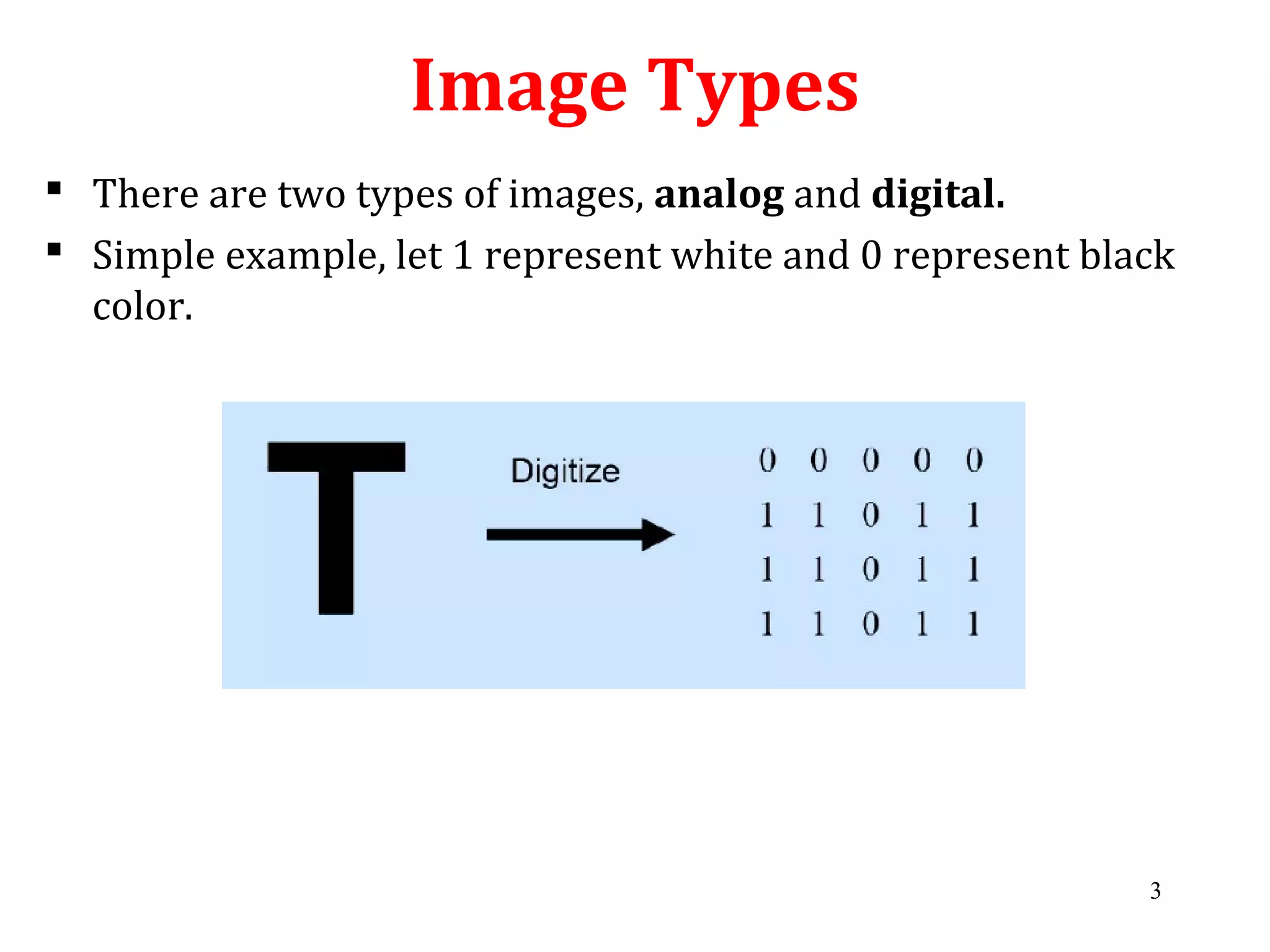 Image Types
 There are two types of images, analog and digital.
 Simple example, let 1 represent white and 0 represent black
color.
3
 