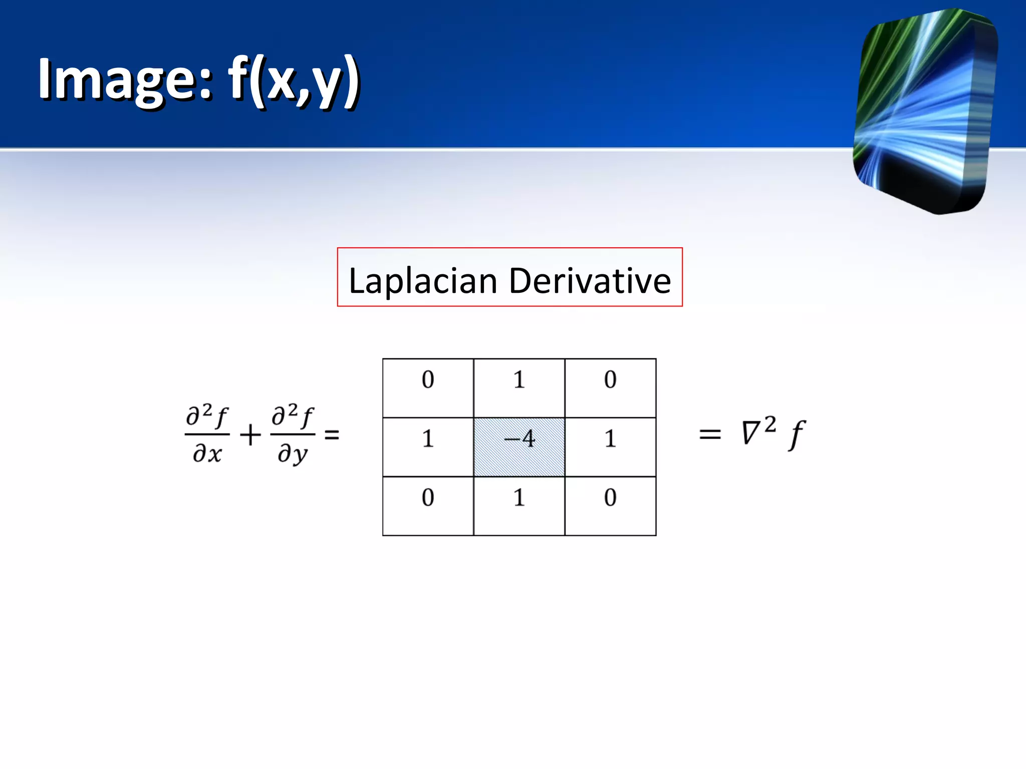 Image: f(x,y)Image: f(x,y)
Laplacian Derivative
 