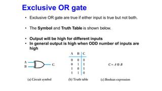 Exclusive OR gate
• Exclusive OR gate are true if either input is true but not both.
• The Symbol and Truth Table is shown below.
• Output will be high for different inputs
• In general output is high when ODD number of inputs are
high
 