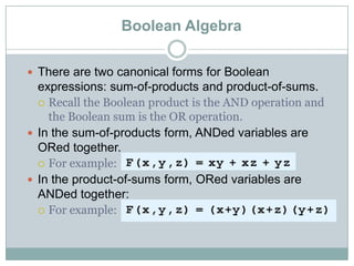 Boolean Algebra
 There are two canonical forms for Boolean
expressions: sum-of-products and product-of-sums.
 Recall the Boolean product is the AND operation and
the Boolean sum is the OR operation.
 In the sum-of-products form, ANDed variables are
ORed together.
 For example:
 In the product-of-sums form, ORed variables are
ANDed together:
 For example:
 