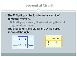 Sequential Circuit
 The D flip-flop is the fundamental circuit of
computer memory.
 D flip-flops are usually illustrated using the block
diagram shown below.
 The characteristic table for the D flip-flop is
shown at the right.
 